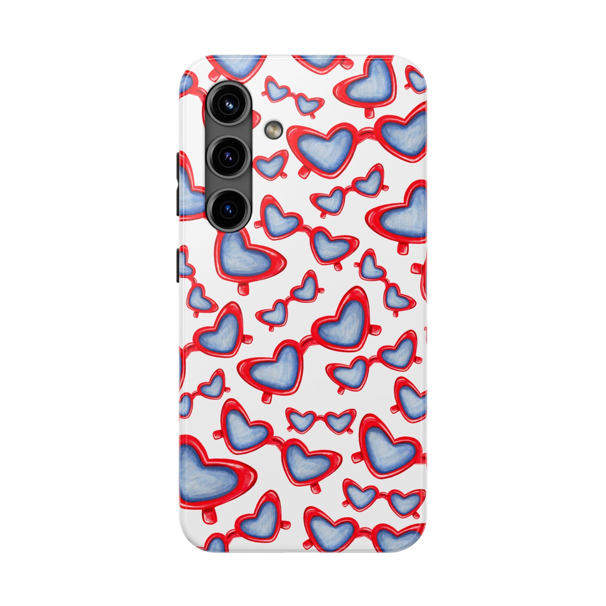 Red, White, & Blue Heart Shaped Watercolor Sunglasses Tossed Pattern Tough Phone Cases Samsung Galaxy S24