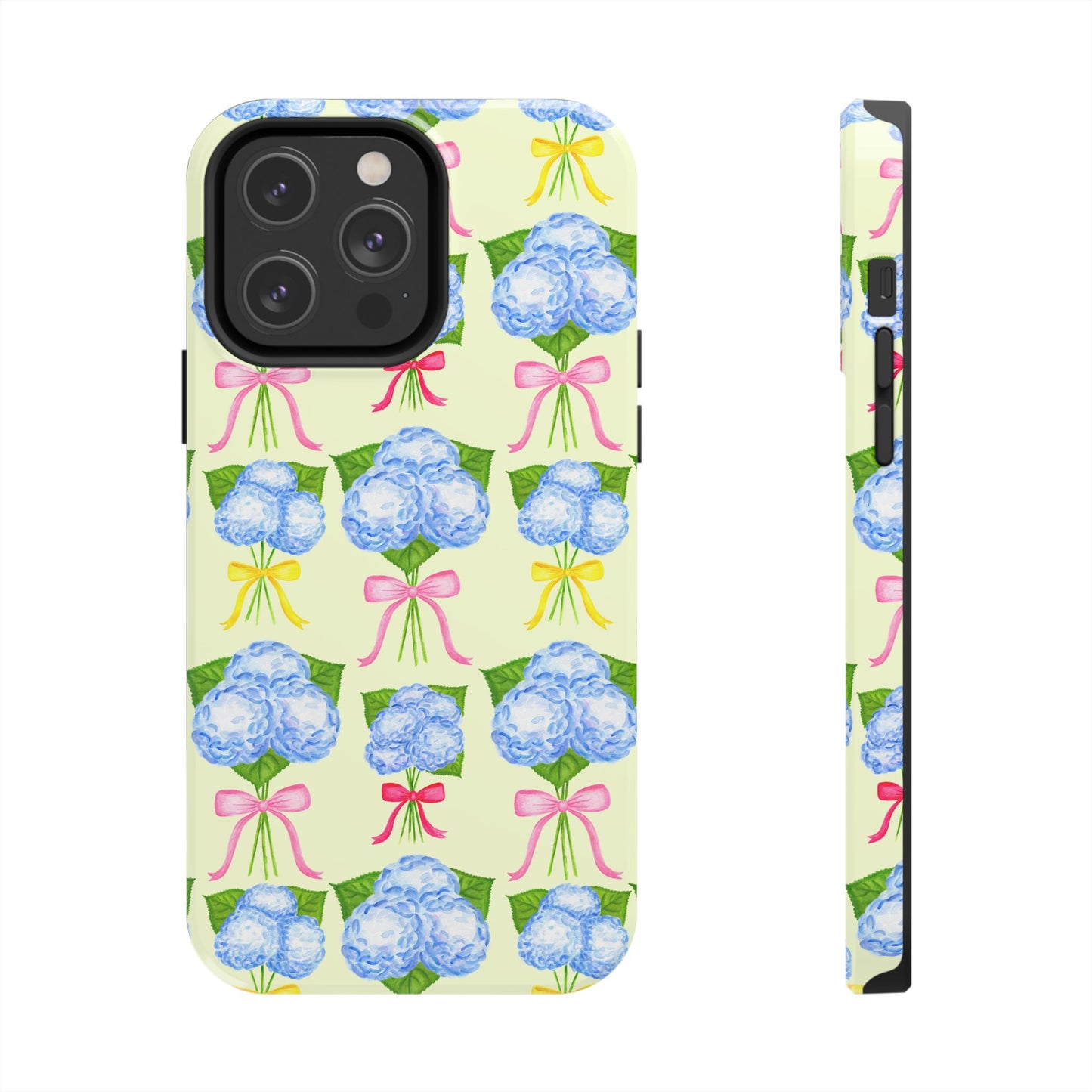 Blue Hydrangeas with Hot Pink, Yellow, Light Pink Bows Watercolor Illustrated Patterned Light Yellow Tough Phone Case | Various Models