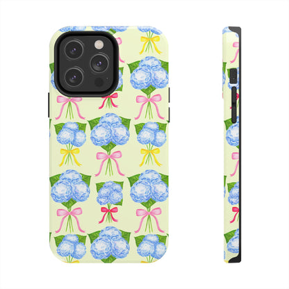 Blue Hydrangeas with Hot Pink, Yellow, Light Pink Bows Watercolor Illustrated Patterned Light Yellow Tough Phone Case | Various Models