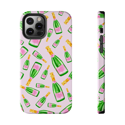 Tossed Pink and Green Watercolor Illustrated Champagne Bottles Pattern Blush Pink Tough Phone Case | Various Models
