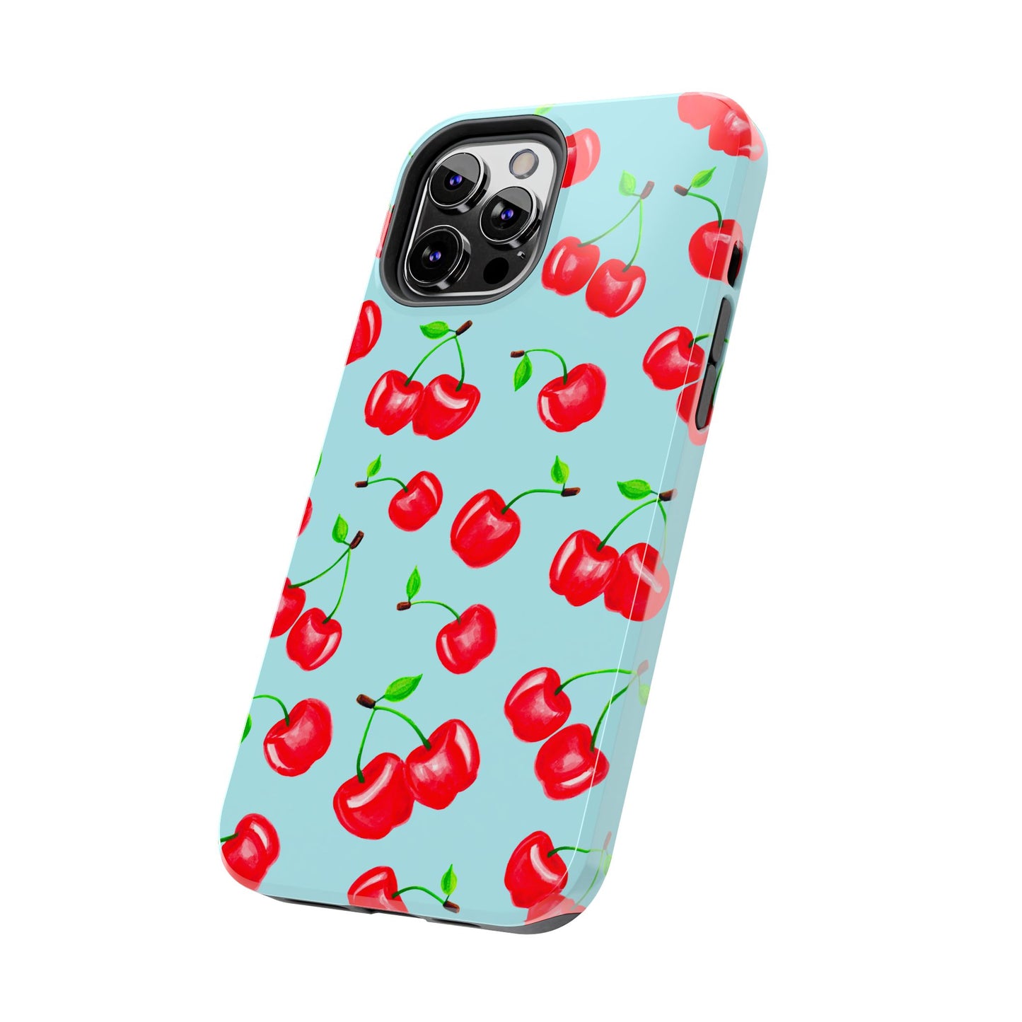 Tossed Red Watercolor Cherries Illustrated Pattern Bright Blue Tough Phone Case | Various Models