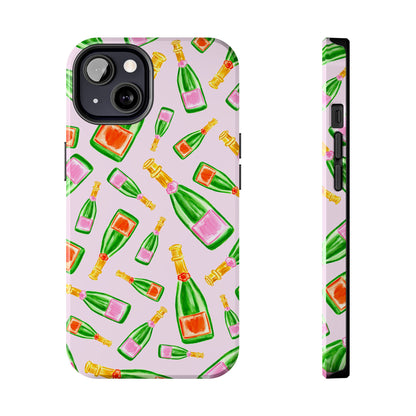 Tossed Pink and Green & Orange and Green Watercolor Illustrated Champagne Bottles Pattern Blush Pink Tough Phone Case | Various Models