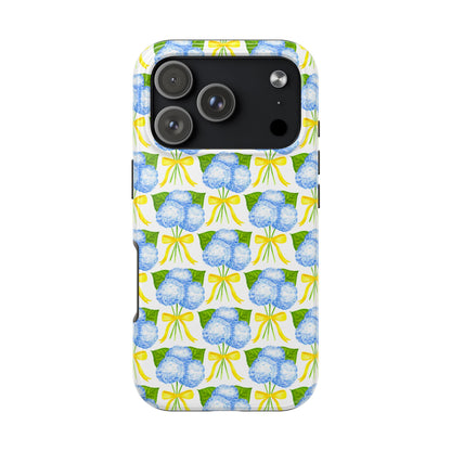 Blue Hydrangea Bouquets with Yellow Bow Ribbon Watercolor Illustrated Patterned Tough Phone Case | Various Models