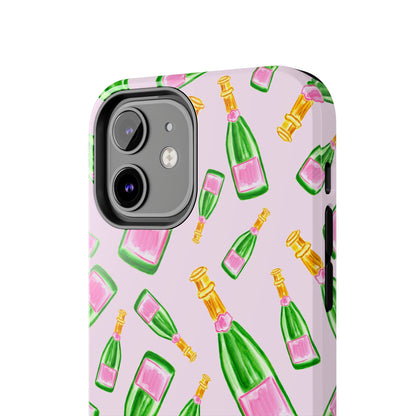 Tossed Pink and Green Watercolor Illustrated Champagne Bottles Pattern Blush Pink Tough Phone Case | Various Models