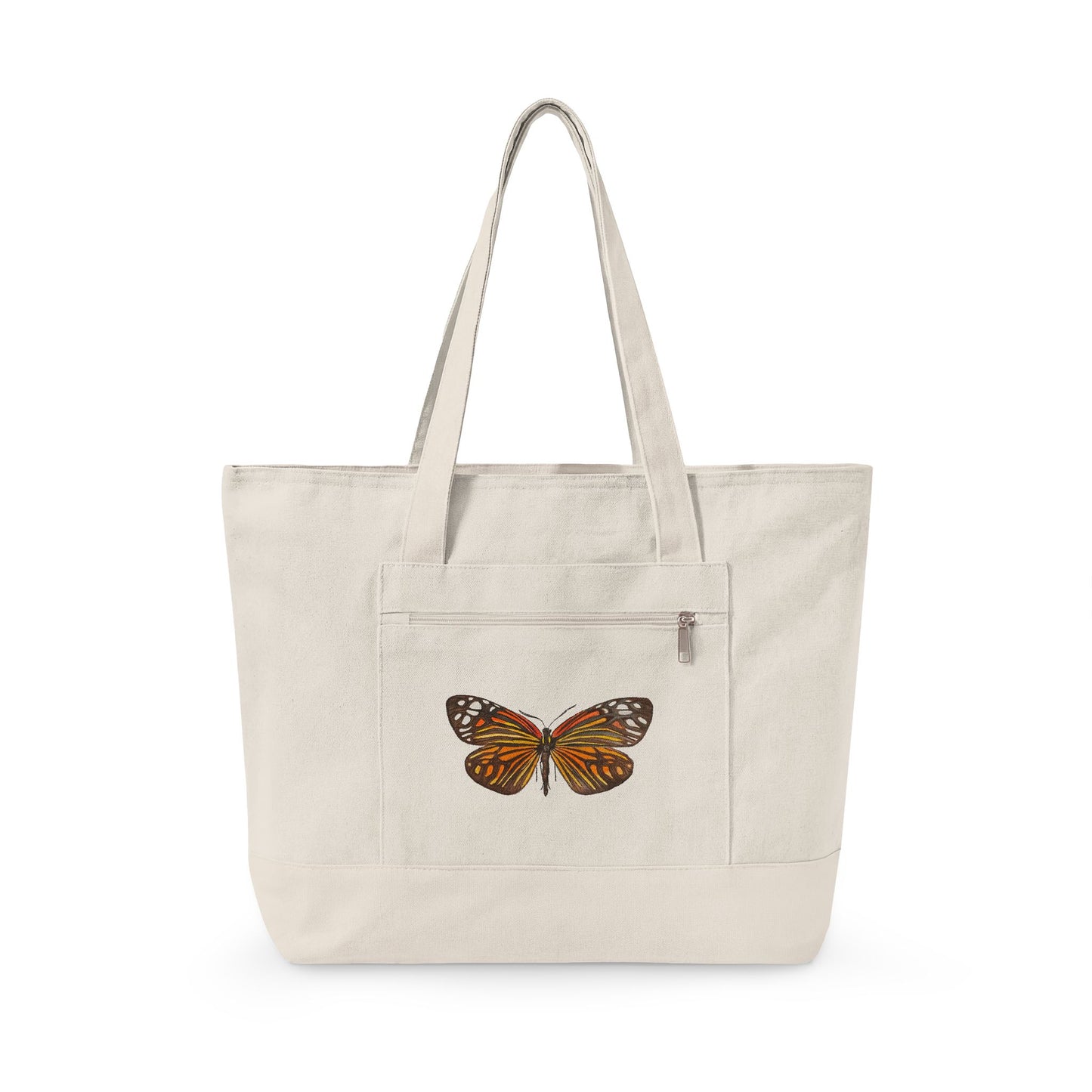 Orange & Black Watercolor Butterfly Printed Zippered Canvas Tote 18" x 14" | Various Colors 18" x 14" x 4.5" Natural