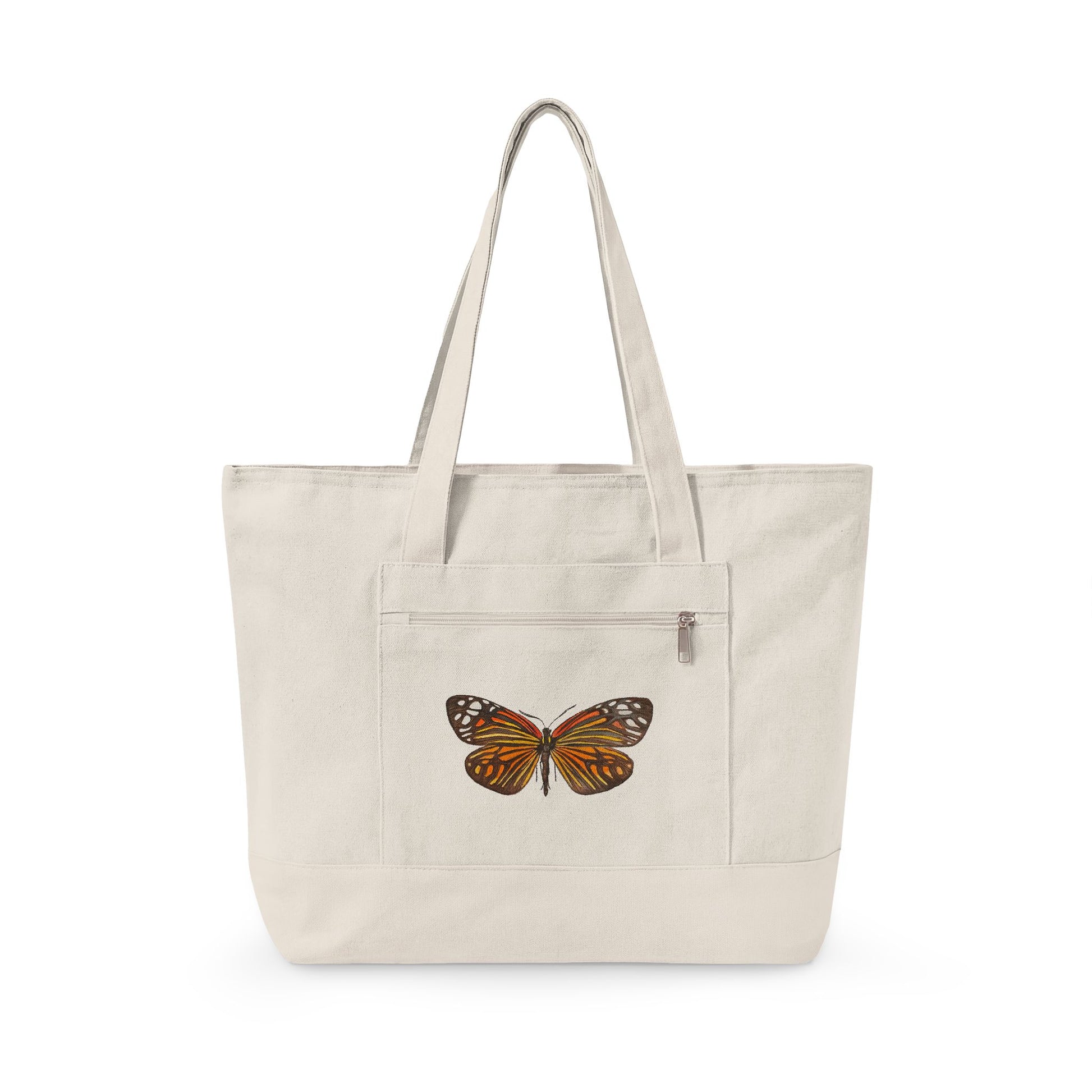 Orange & Black Watercolor Butterfly Printed Zippered Canvas Tote 18" x 14" | Various Colors 18" x 14" x 4.5" Natural