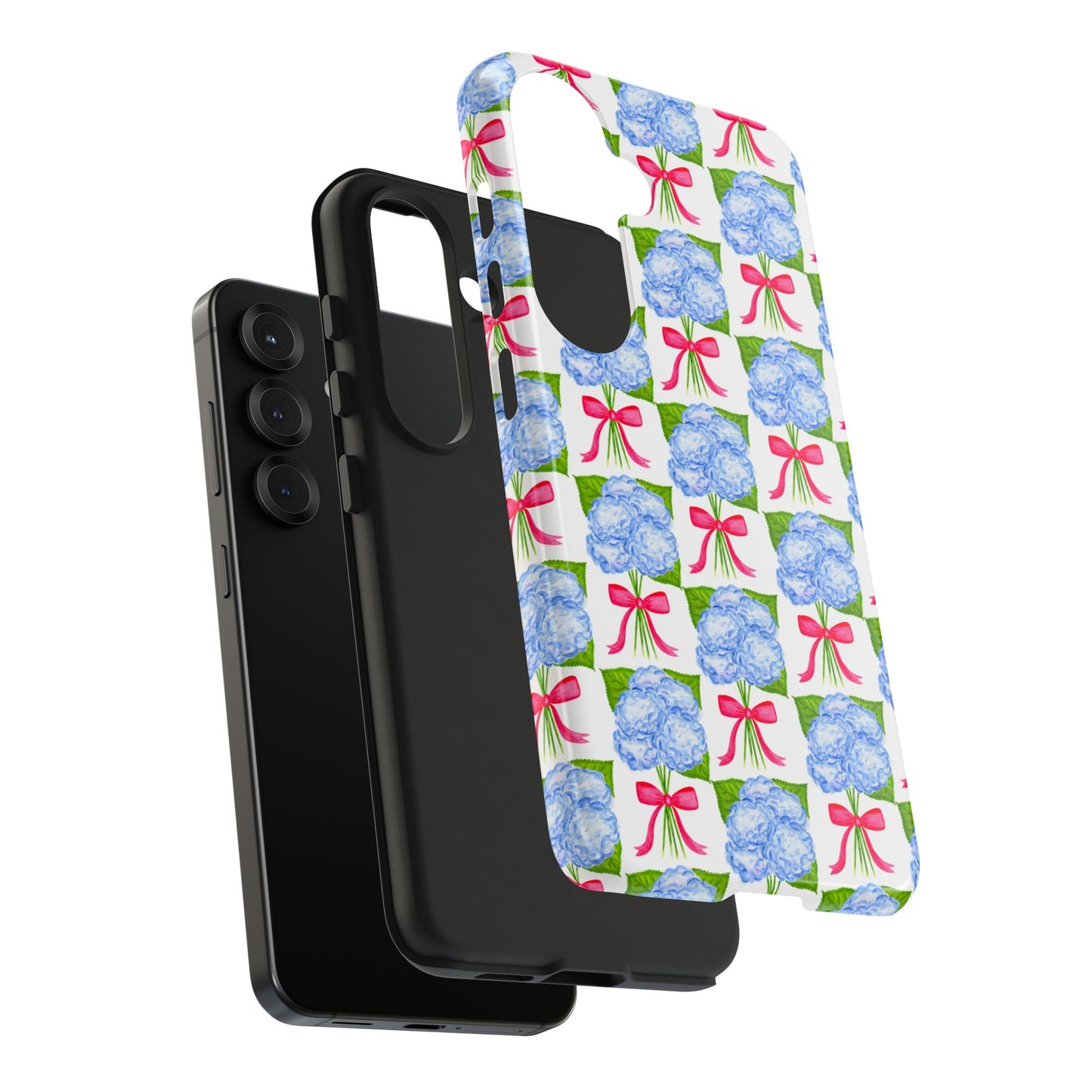 Blue Watercolor Hydrangea Bouquets with Hot Pink Bows Illustrated Patterned Tough Phone Case | Various Models