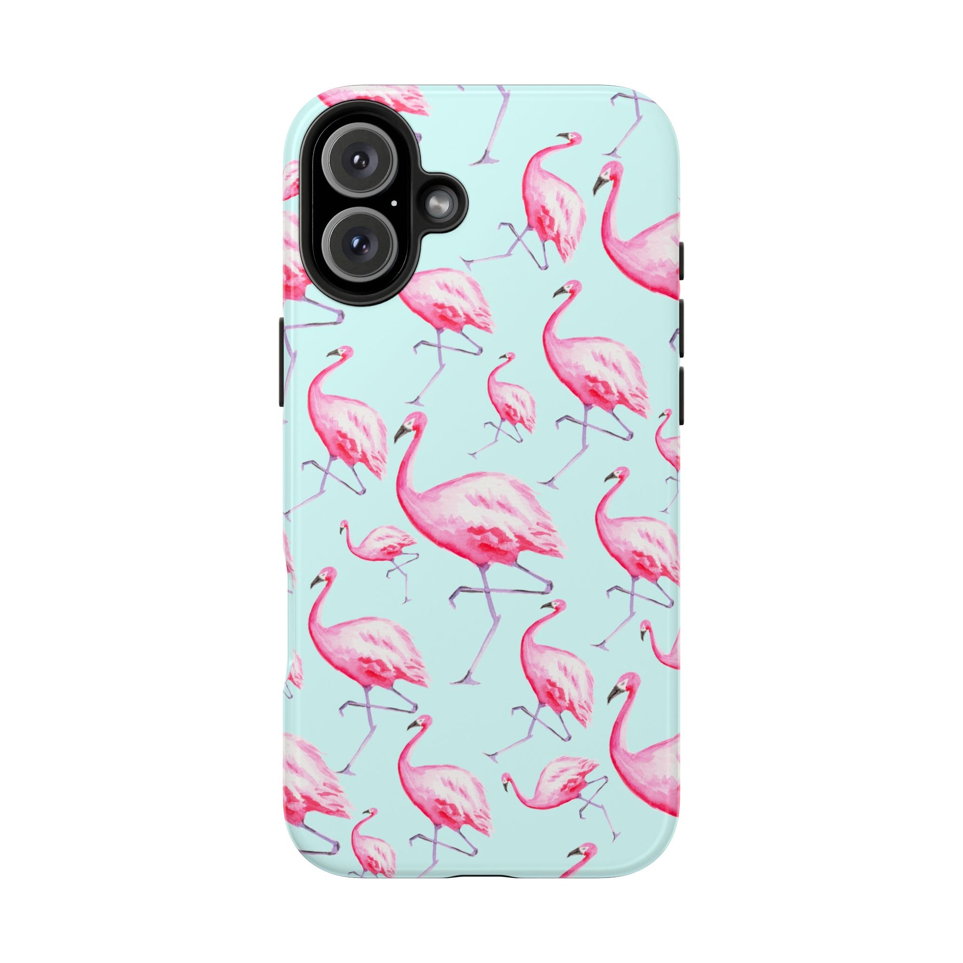 Pink Flamingos Watercolor Illustrated Tossed Pattern Blue Phone Case | Various Models iPhone 16 Plus
