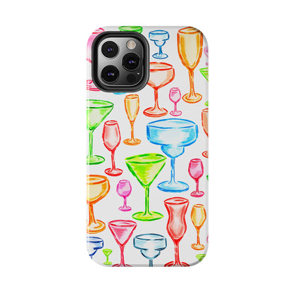 Monochromatic Margarita, Wine, Martini, and Champagne Flute Cocktail Glasses Watercolor Illustrated Tough Phone Case | Various Models Available
