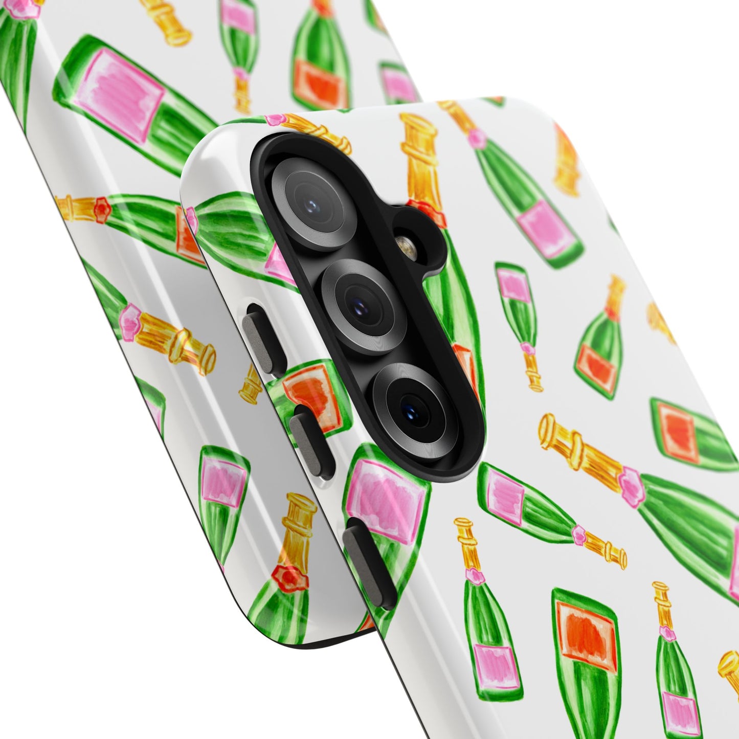 Tossed Pink and Green & Orange and Green Watercolor Illustrated Champagne Bottles Pattern Tough Phone Case | Various Models