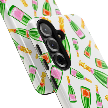 Tossed Pink and Green & Orange and Green Watercolor Illustrated Champagne Bottles Pattern Tough Phone Case | Various Models