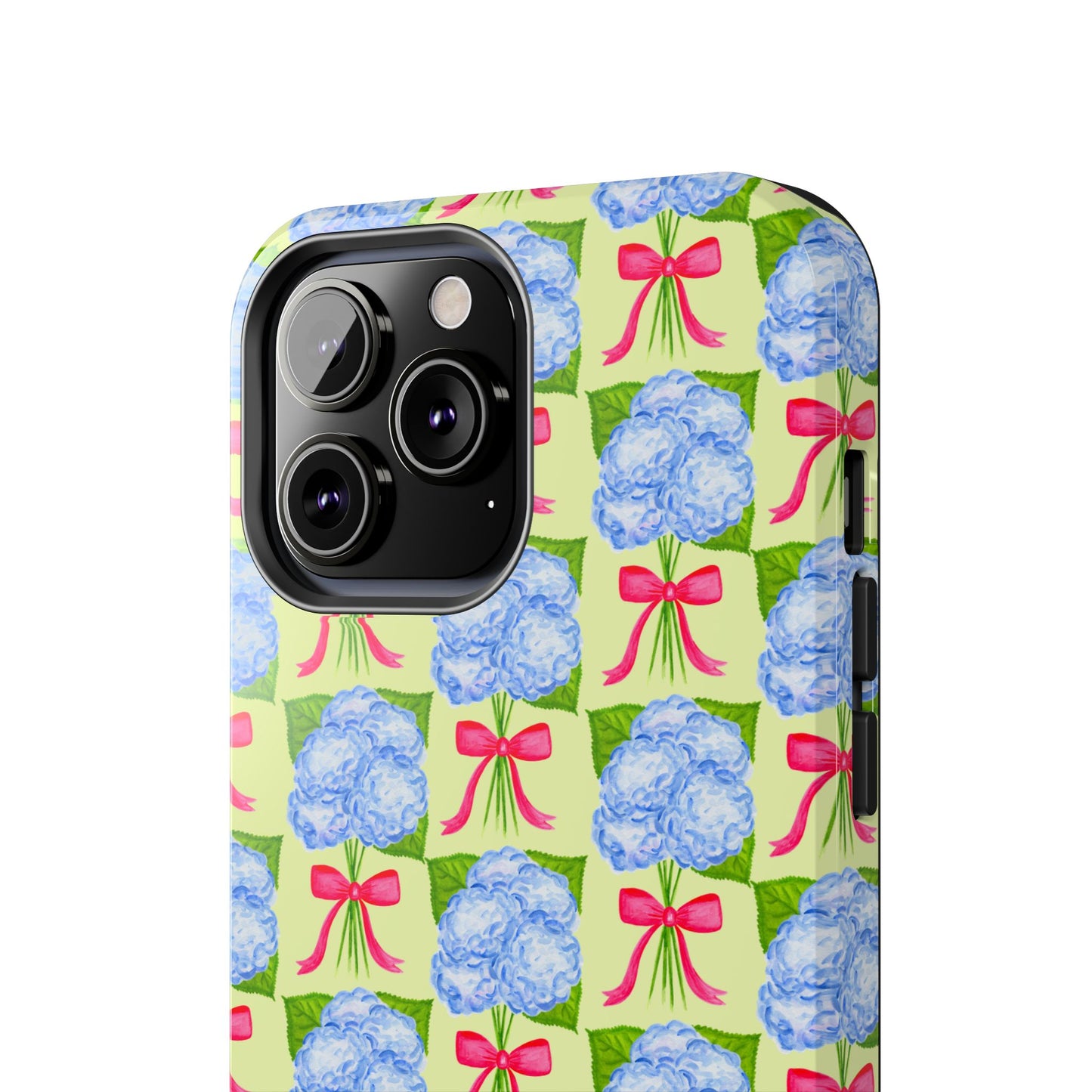 Blue Watercolor Hydrangea Bouquets with Hot Pink Bows Illustrated Patterned Yellow Preppy Grand Millenial Tough Phone Case | Various Models