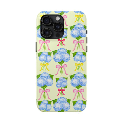 Blue Hydrangeas with Hot Pink, Yellow, Light Pink Bows Watercolor Illustrated Patterned Light Yellow Tough Phone Case | Various Models