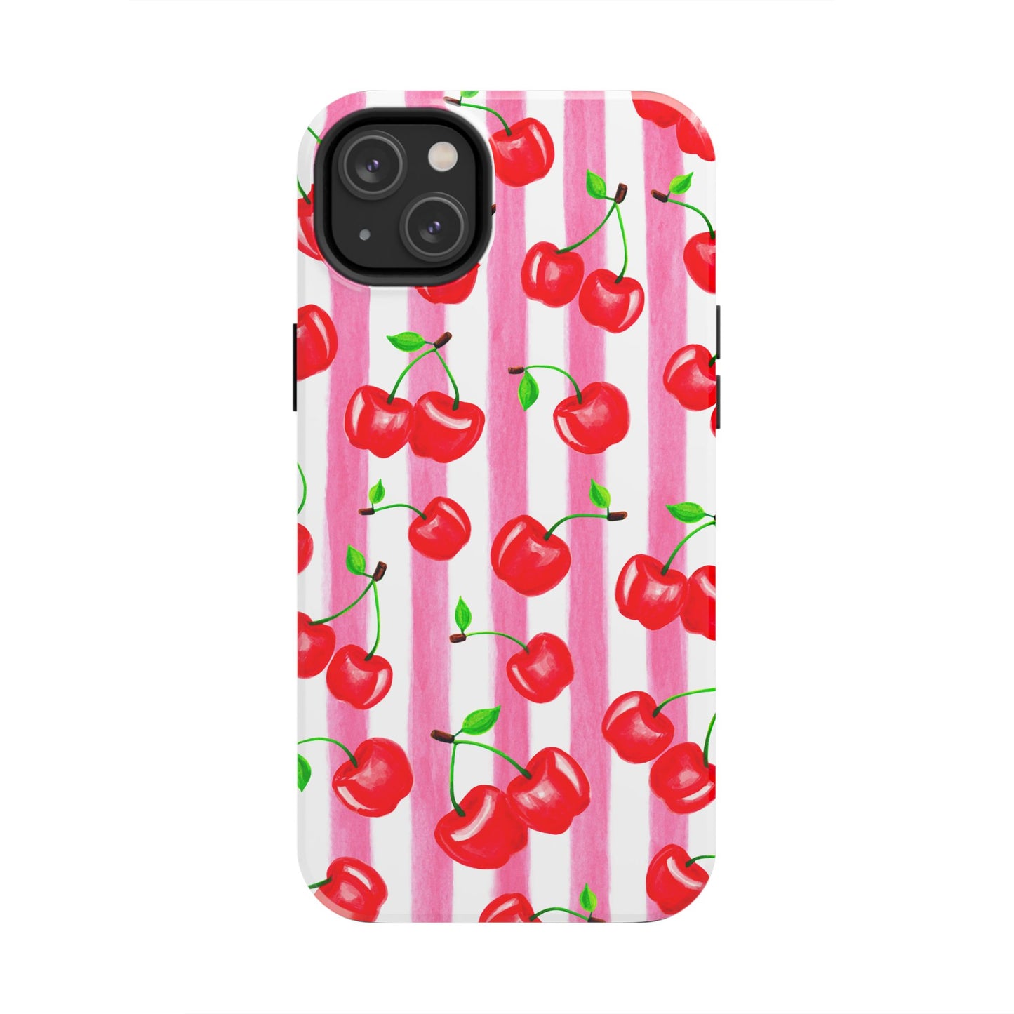 Tossed Red Watercolor Cherries Illustrated Pattern Light Pink Stripes Tough Phone Case | Various Models