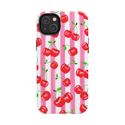 Tossed Red Watercolor Cherries Illustrated Pattern Light Pink Stripes Tough Phone Case | Various Models