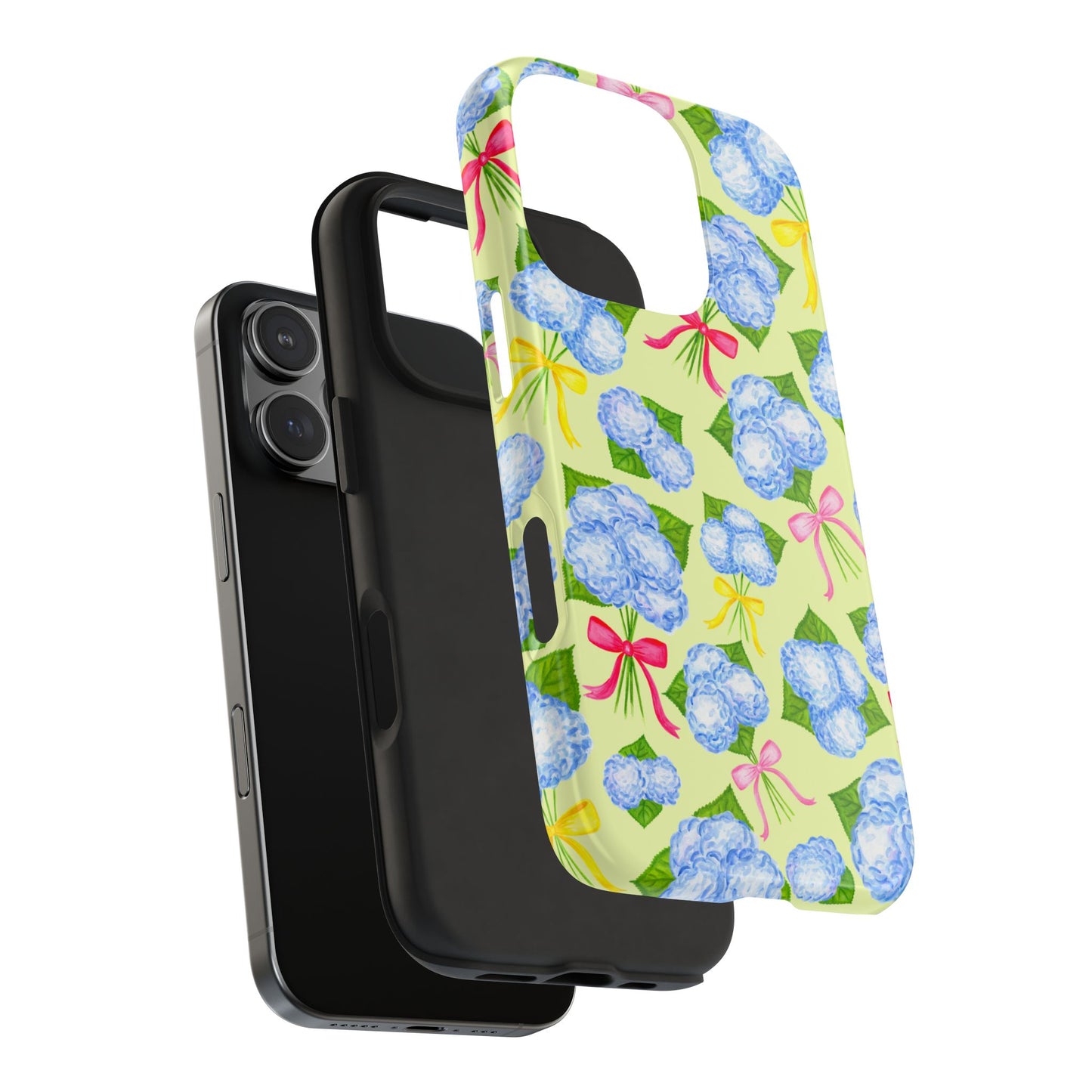 Blue Watercolor Hydrangea Bunches with Hot Pink, Yellow, Light Pink Bows Illustrated Patterned Yellow Tough Phone Case | Various Models