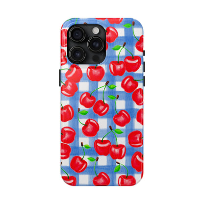 Tossed Red Cherries Blue Gingham Checkered Watercolor Illustrated Tough Phone Case | Various Models