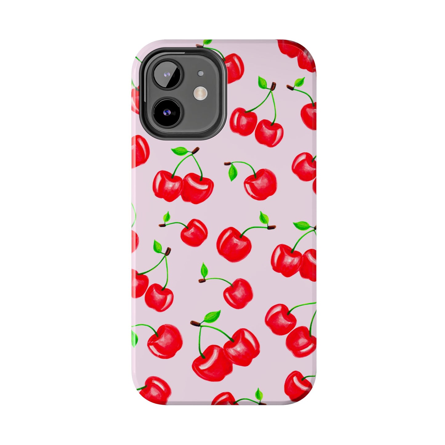 Tossed Red Watercolor Cherries Illustrated Pattern Light Pink Tough Phone Case | Various Models
