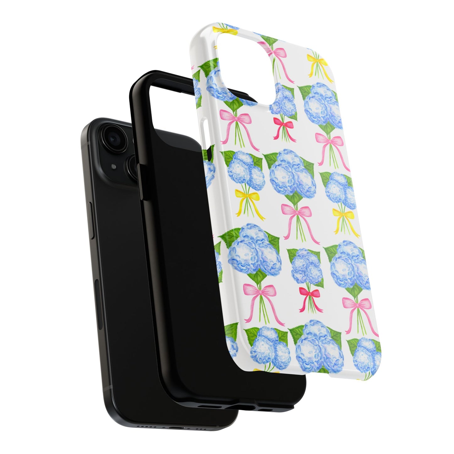 Blue Hydrangeas with Hot Pink, Yellow, Light Pink Bows Watercolor Illustrated Patterned Tough Phone Case | Various Models