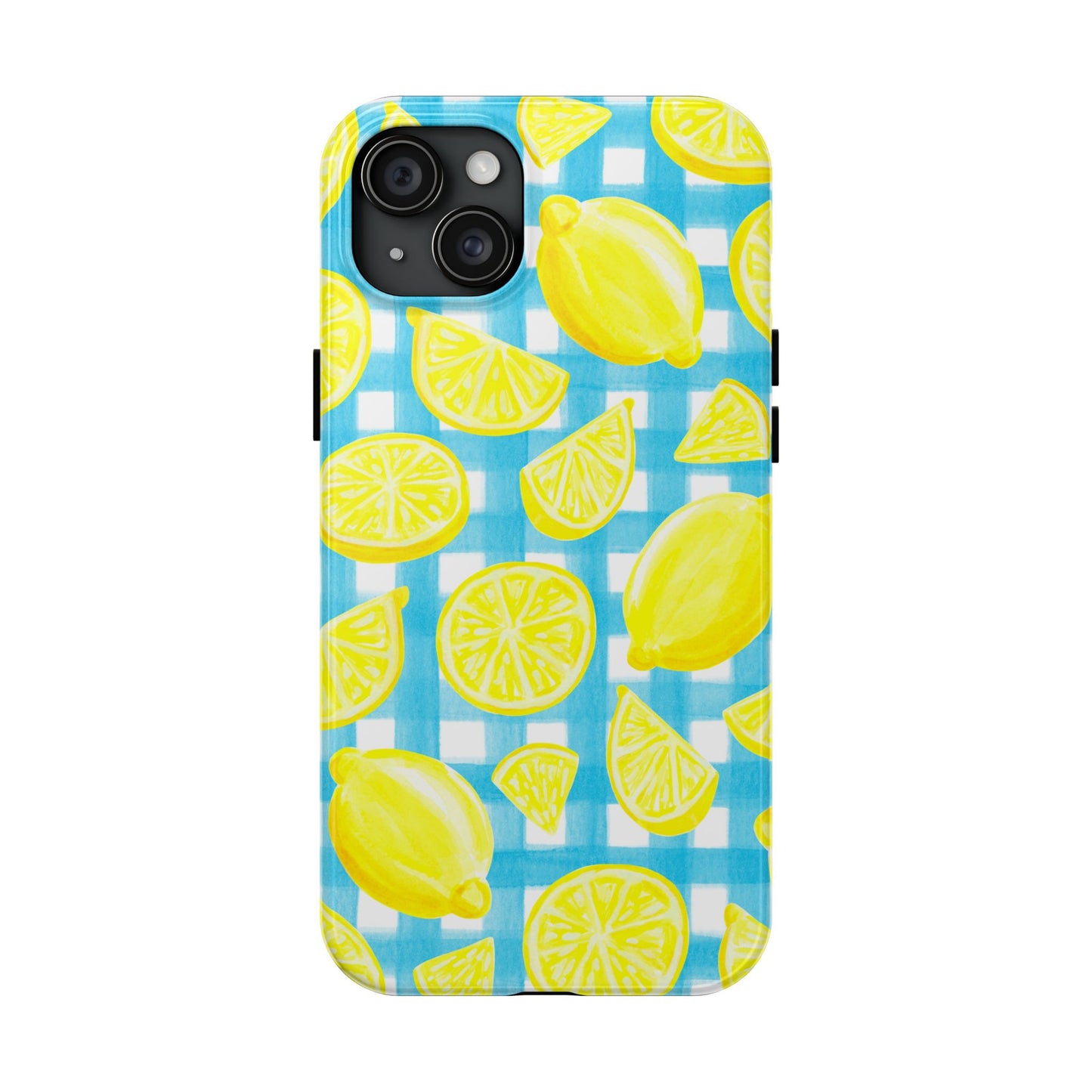 Bright Yellow Lemons Watercolor Illustrated Tossed Pattern Turquoise Gingham Tough Phone Case | Various Models