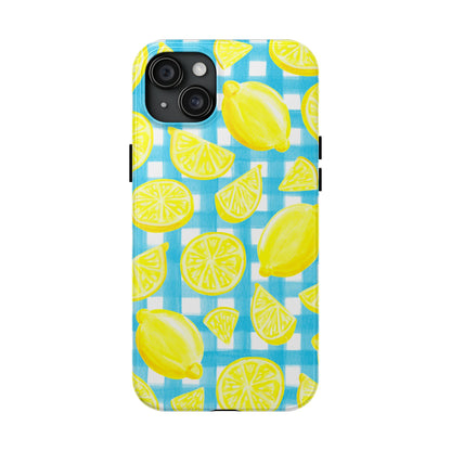 Bright Yellow Lemons Watercolor Illustrated Tossed Pattern Turquoise Gingham Tough Phone Case | Various Models
