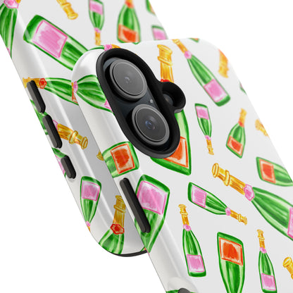 Tossed Pink and Green & Orange and Green Watercolor Illustrated Champagne Bottles Pattern Tough Phone Case | Various Models