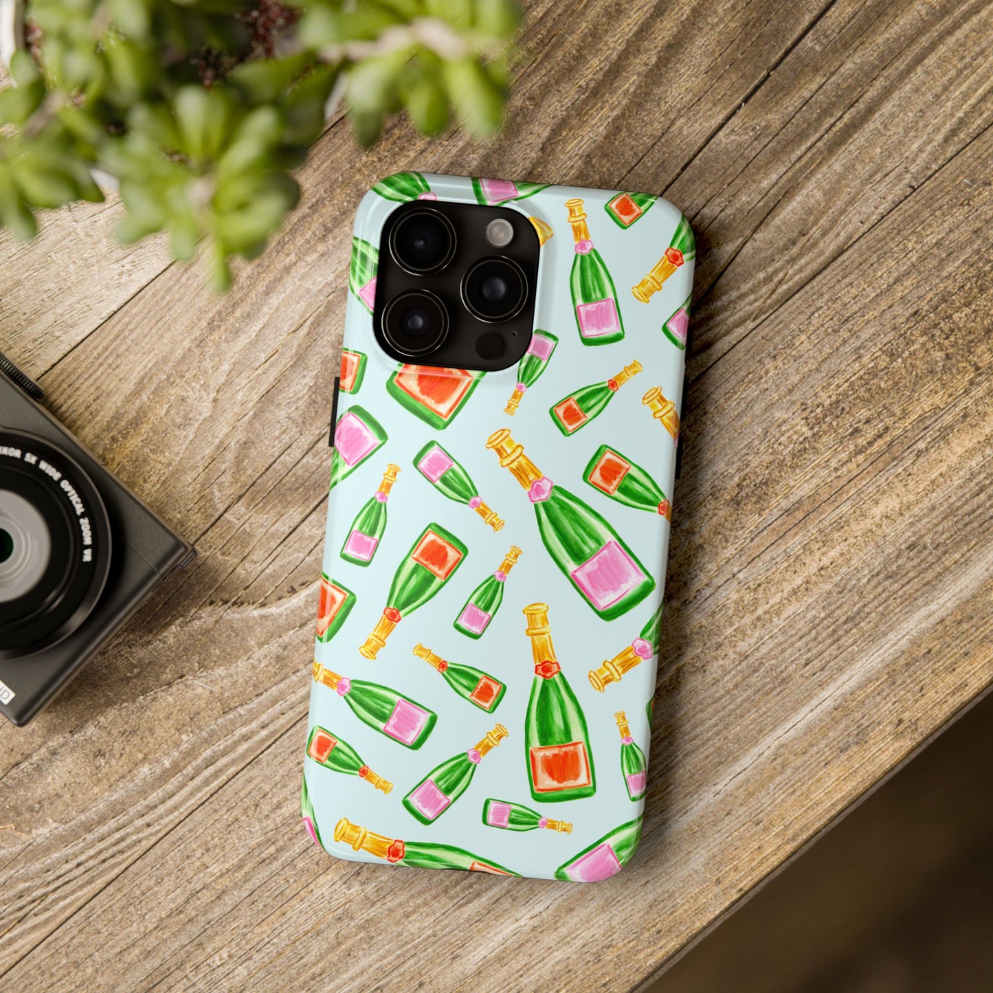 Tossed Pink and Green & Orange and Green Watercolor Illustrated Champagne Bottles Pattern Light Blue Tough Phone Case | Various Models