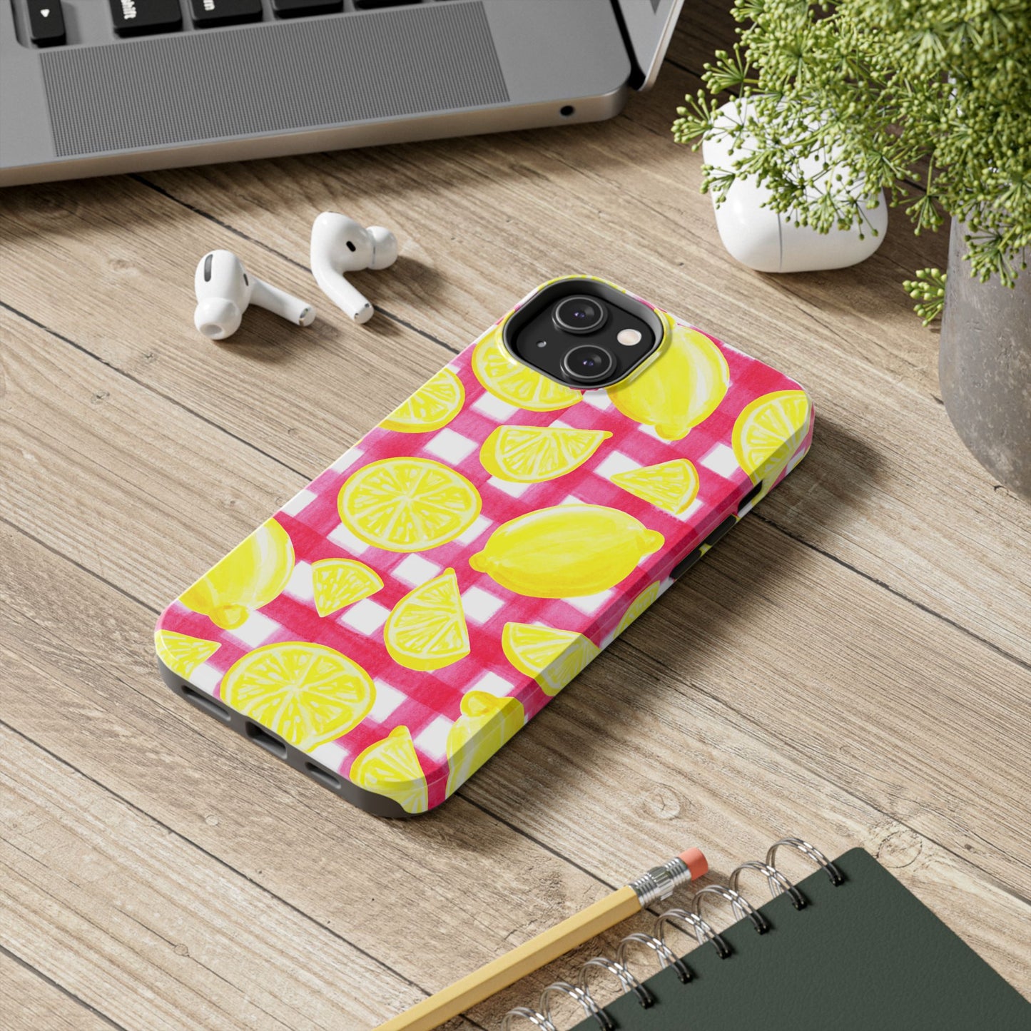 Yellow Lemons & Hot Pink Gingham Watercolor Illustrated Tough Phone Case | Various Models Available