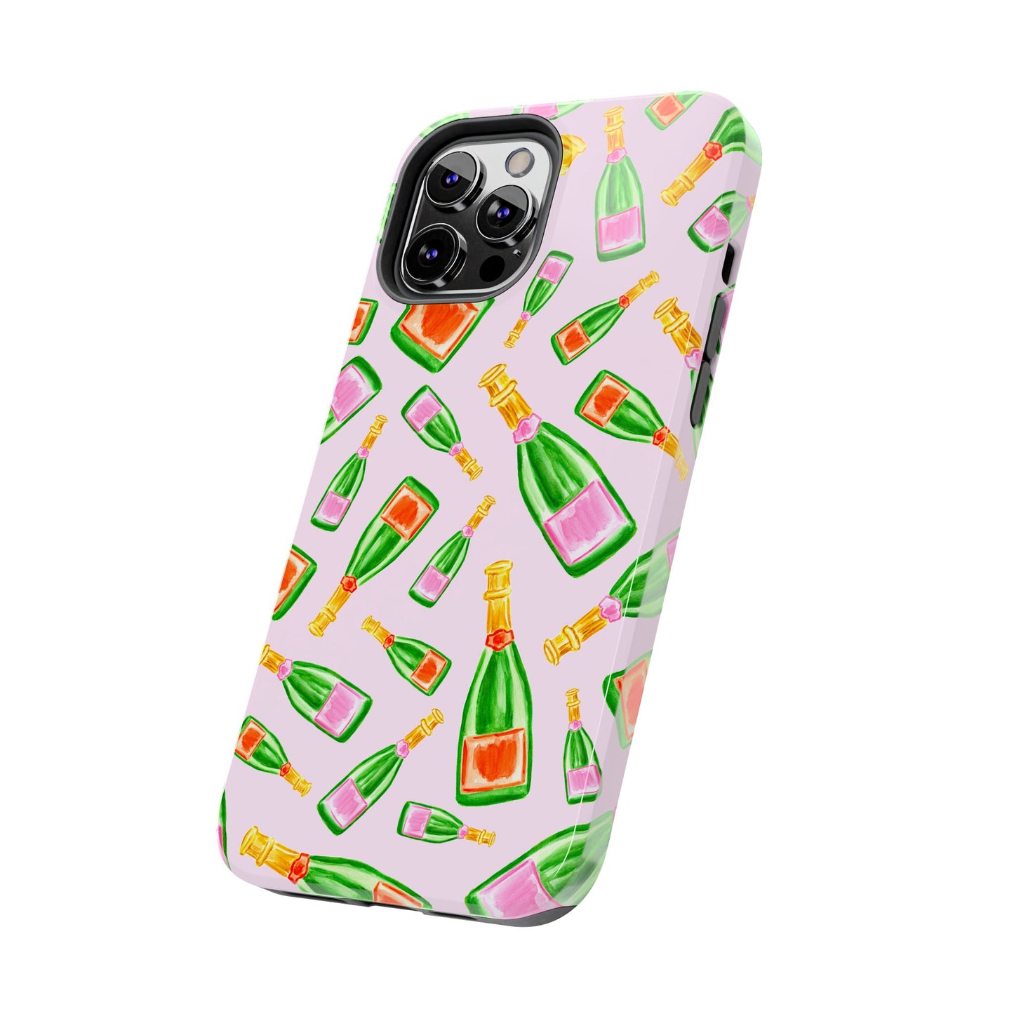 Tossed Pink and Green & Orange and Green Watercolor Illustrated Champagne Bottles Pattern Blush Pink Tough Phone Case | Various Models