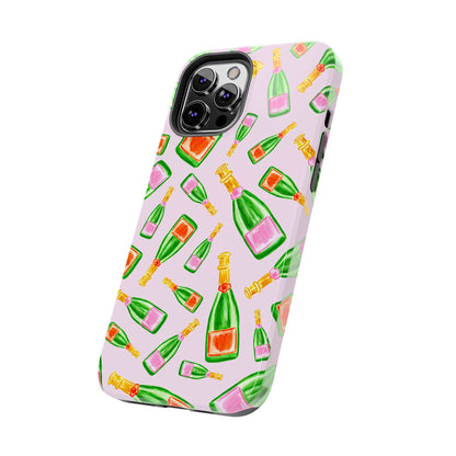 Tossed Pink and Green & Orange and Green Watercolor Illustrated Champagne Bottles Pattern Blush Pink Tough Phone Case | Various Models