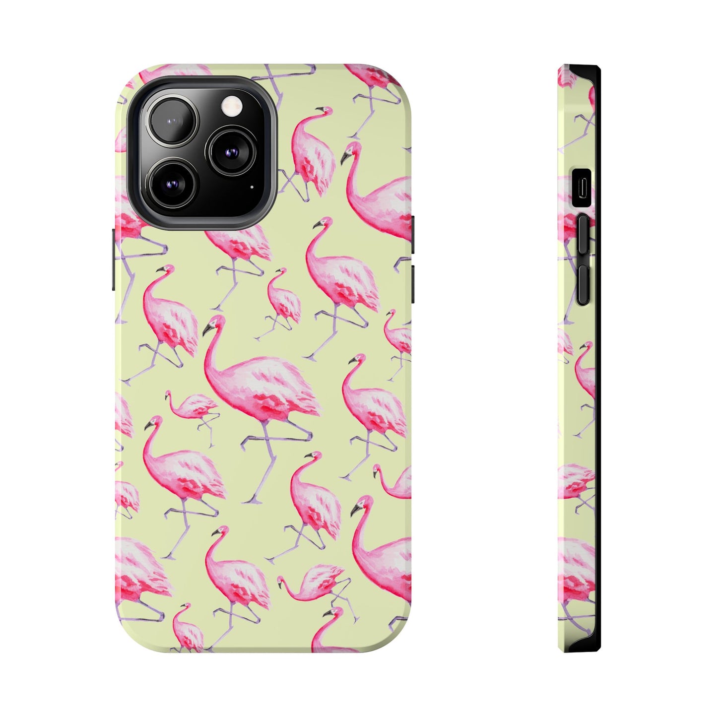 Pink Flamingos Watercolor Illustrated Tossed Pattern Yellow Phone Case | Various Models iPhone 13 Pro Max