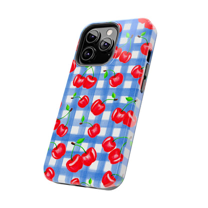Tossed Red Watercolor Illustrated Cherries Light Blue Gingham Tough Phone Case | Various Models