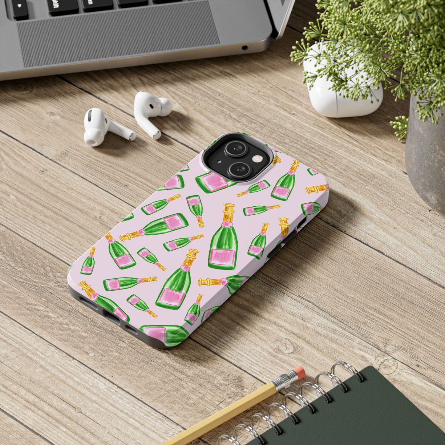 Tossed Pink and Green Watercolor Illustrated Champagne Bottles Pattern Blush Pink Tough Phone Case | Various Models