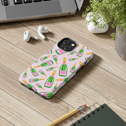 Tossed Pink and Green Watercolor Illustrated Champagne Bottles Pattern Blush Pink Tough Phone Case | Various Models