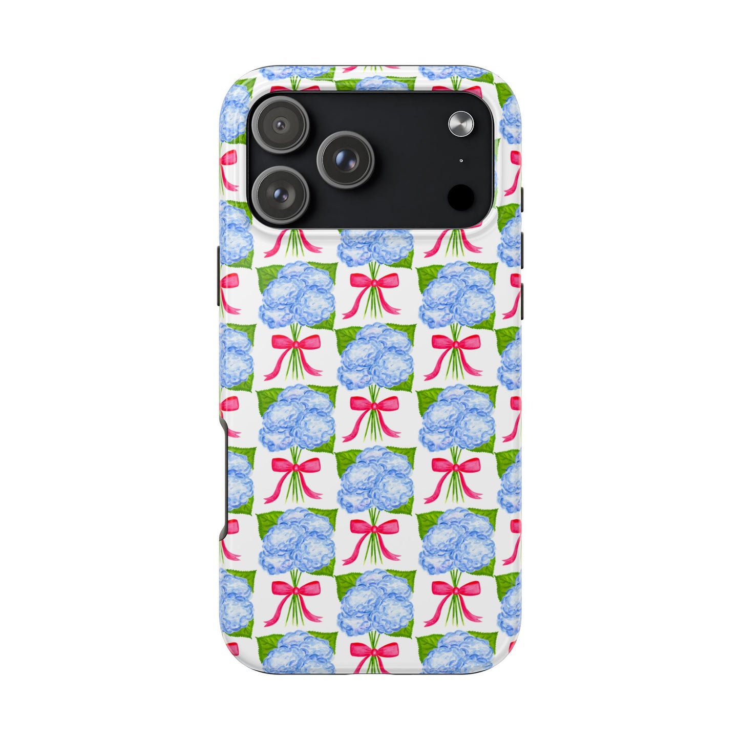 Blue Watercolor Hydrangea Bouquets with Hot Pink Bows Illustrated Patterned Tough Phone Case | Various Models