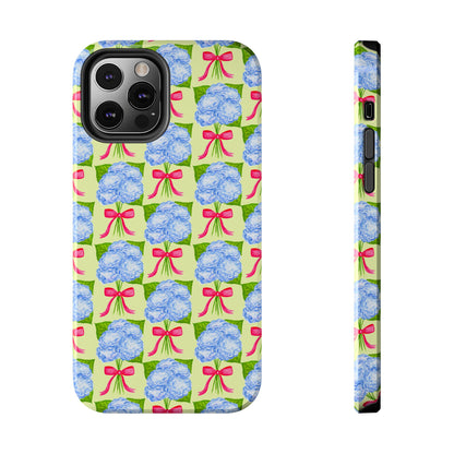 Blue Watercolor Hydrangea Bouquets with Hot Pink Bows Illustrated Patterned Yellow Preppy Grand Millenial Tough Phone Case | Various Models