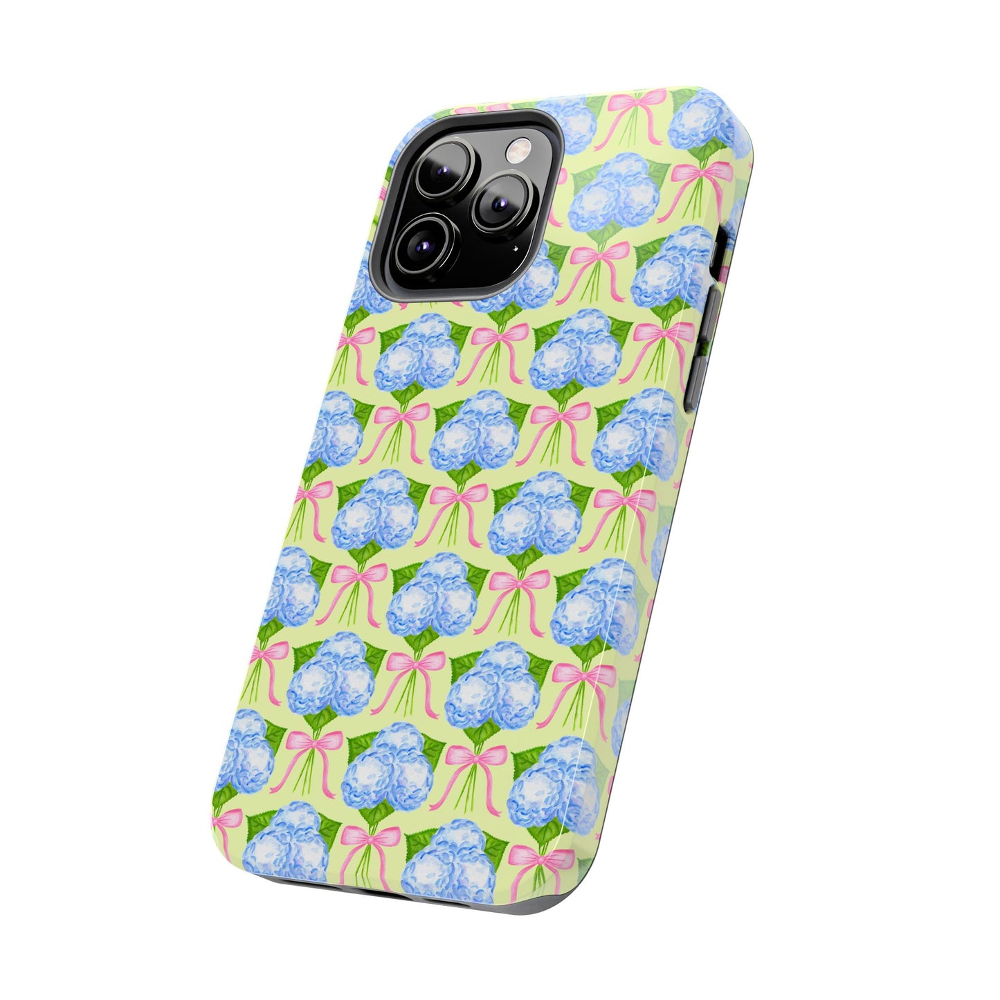 Blue Watercolor Hydrangea Bouquets with Light Pink Bows Watercolor Illustrated Patterned Yellow Tough Phone Case | Various Models