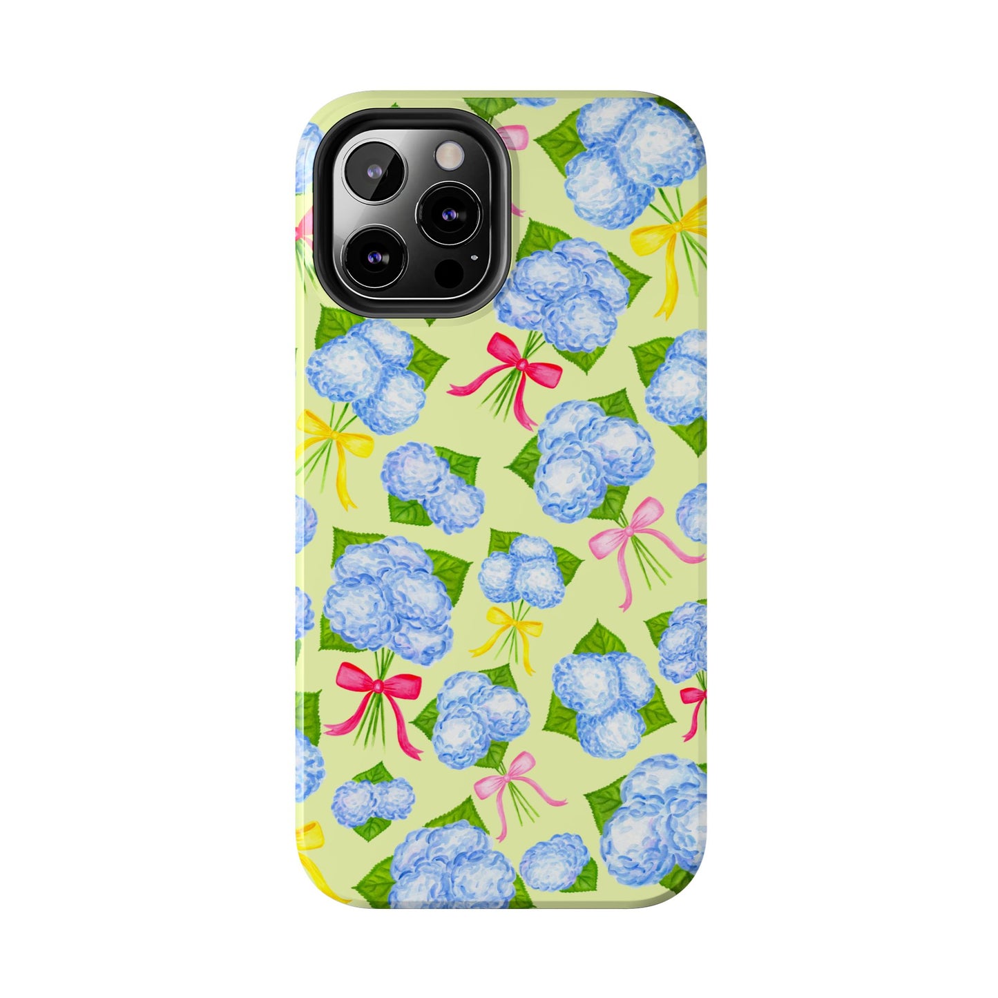 Blue Watercolor Hydrangea Bunches with Hot Pink, Yellow, Light Pink Bows Illustrated Patterned Yellow Tough Phone Case | Various Models