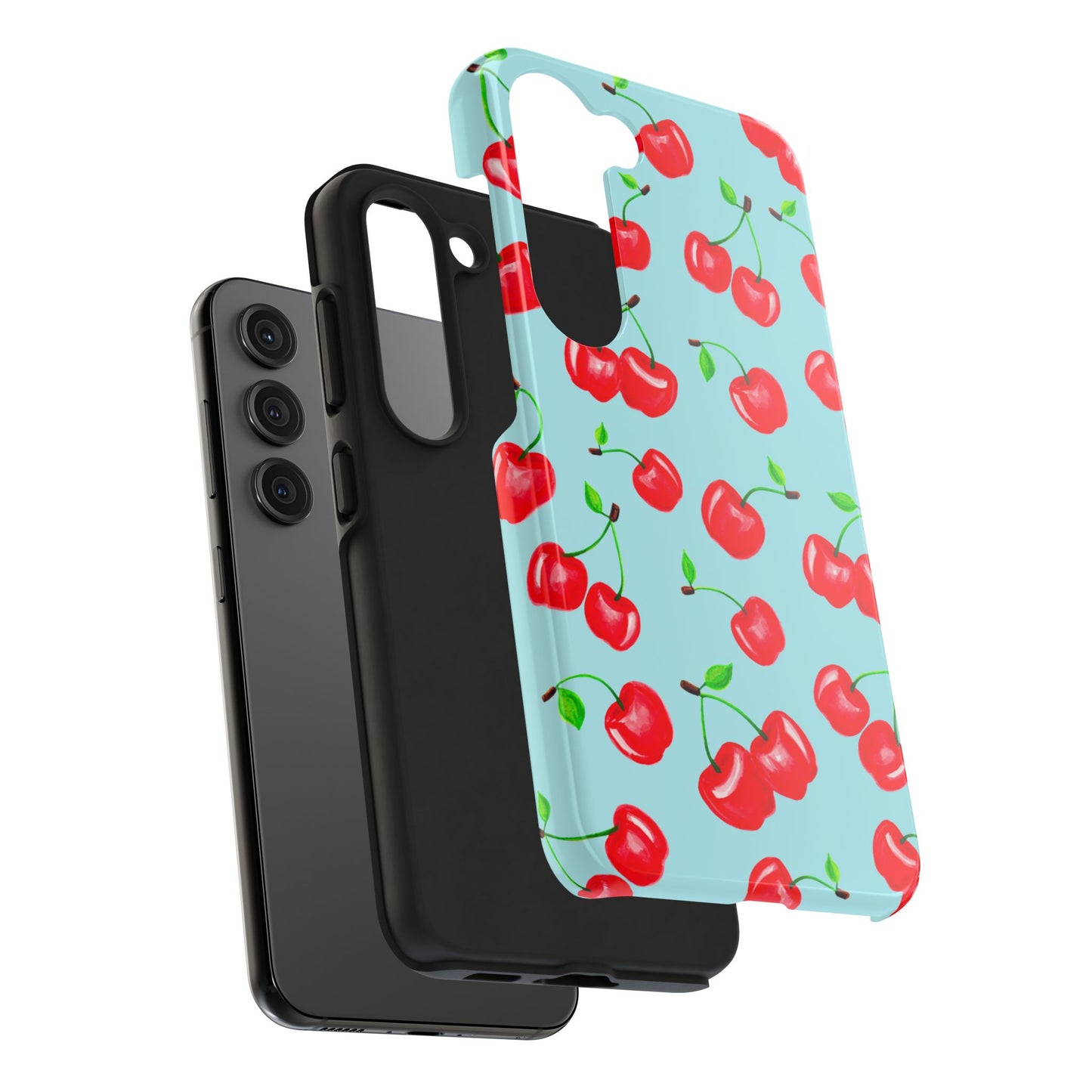 Tossed Red Watercolor Cherries Illustrated Pattern Bright Blue Tough Phone Case | Various Models