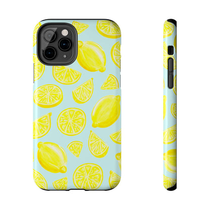 Bright Yellow Lemons Watercolor Illustrated Tossed Pattern Light Blue Tough Phone Case | Various Models