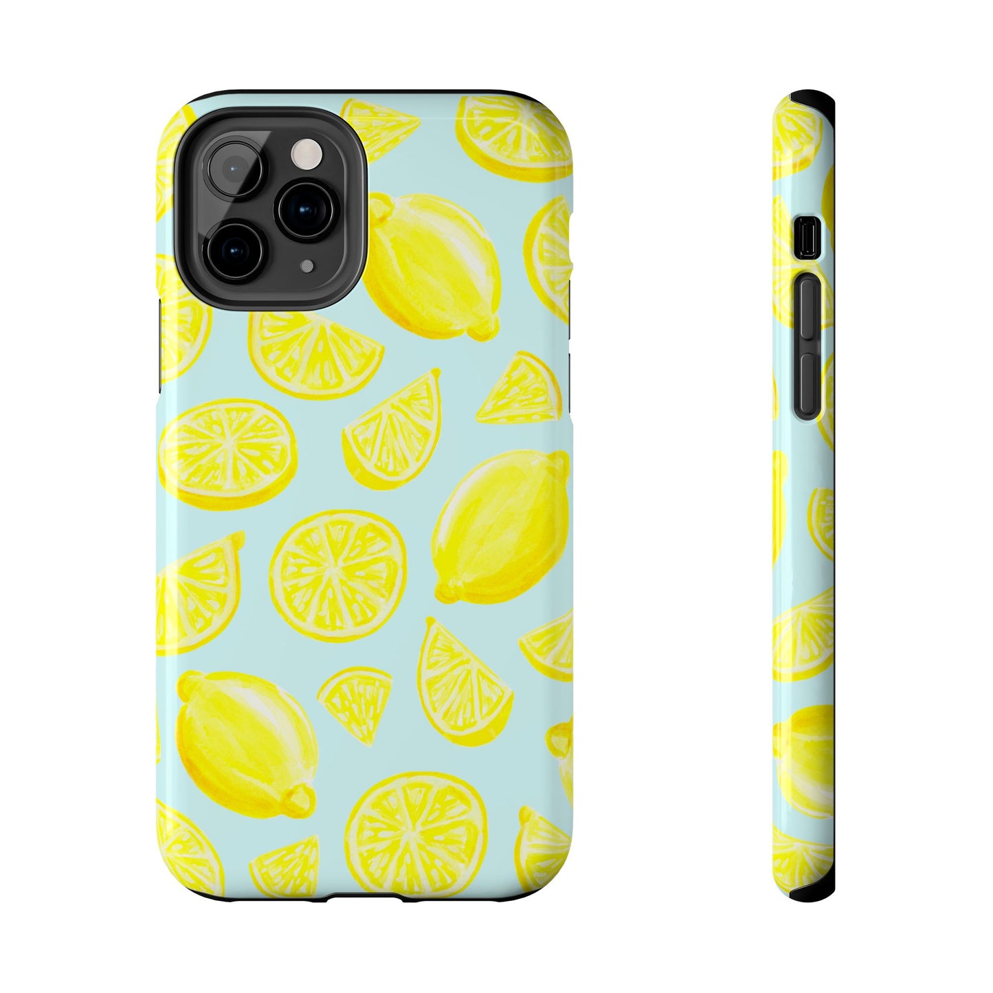 Bright Yellow Lemons Watercolor Illustrated Tossed Pattern Light Blue Tough Phone Case | Various Models