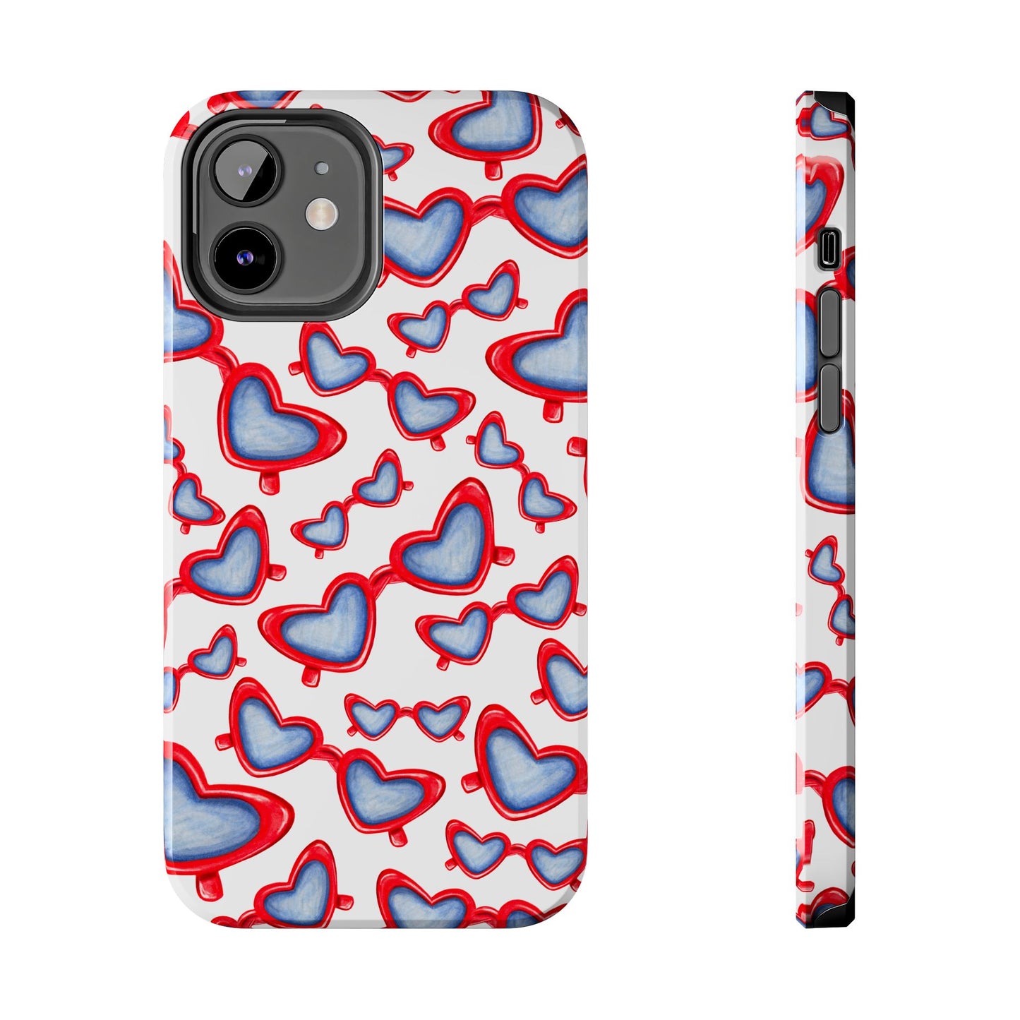 Red, White, & Blue Heart Shaped Watercolor Sunglasses Tossed Pattern Tough Phone Cases iPhone 12