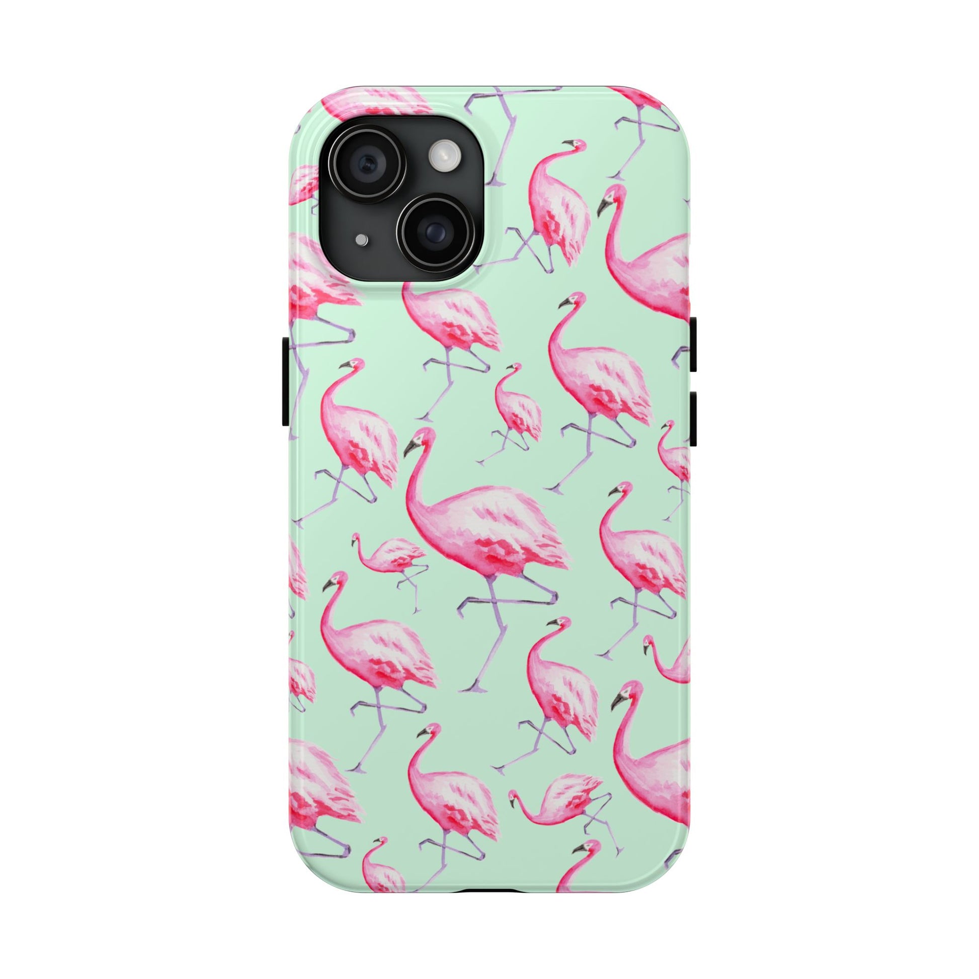 Pink Flamingos Watercolor Illustrated Tossed Pattern Green Phone Case | Various Models iPhone 15