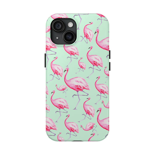 Pink Flamingos Watercolor Illustrated Tossed Pattern Green Phone Case | Various Models iPhone 15