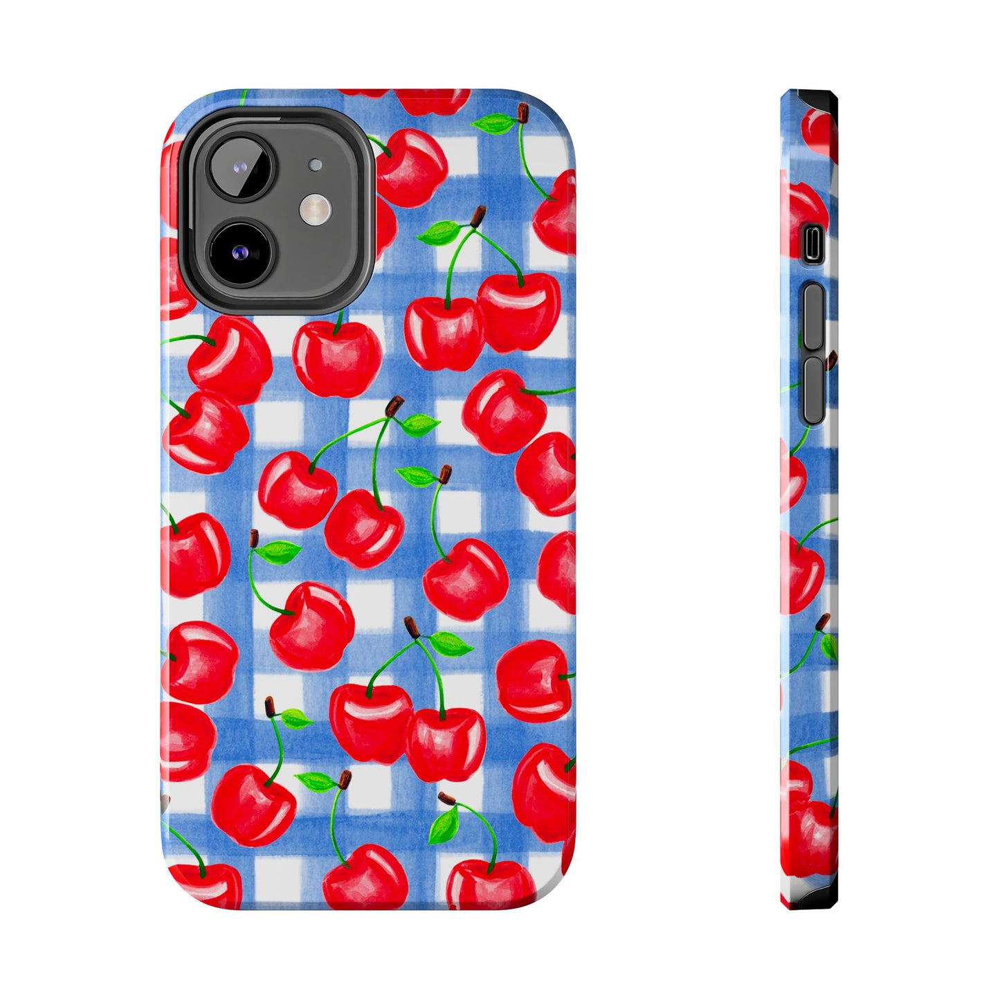 Tossed Red Cherries Blue Gingham Checkered Watercolor Illustrated Tough Phone Case | Various Models