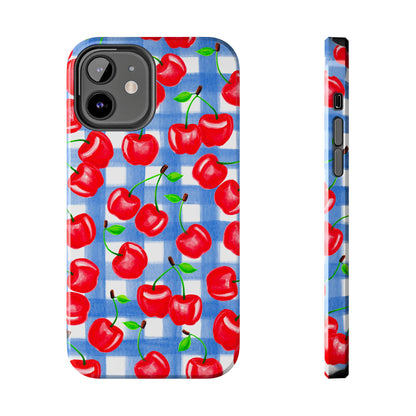 Tossed Red Cherries Blue Gingham Checkered Watercolor Illustrated Tough Phone Case | Various Models