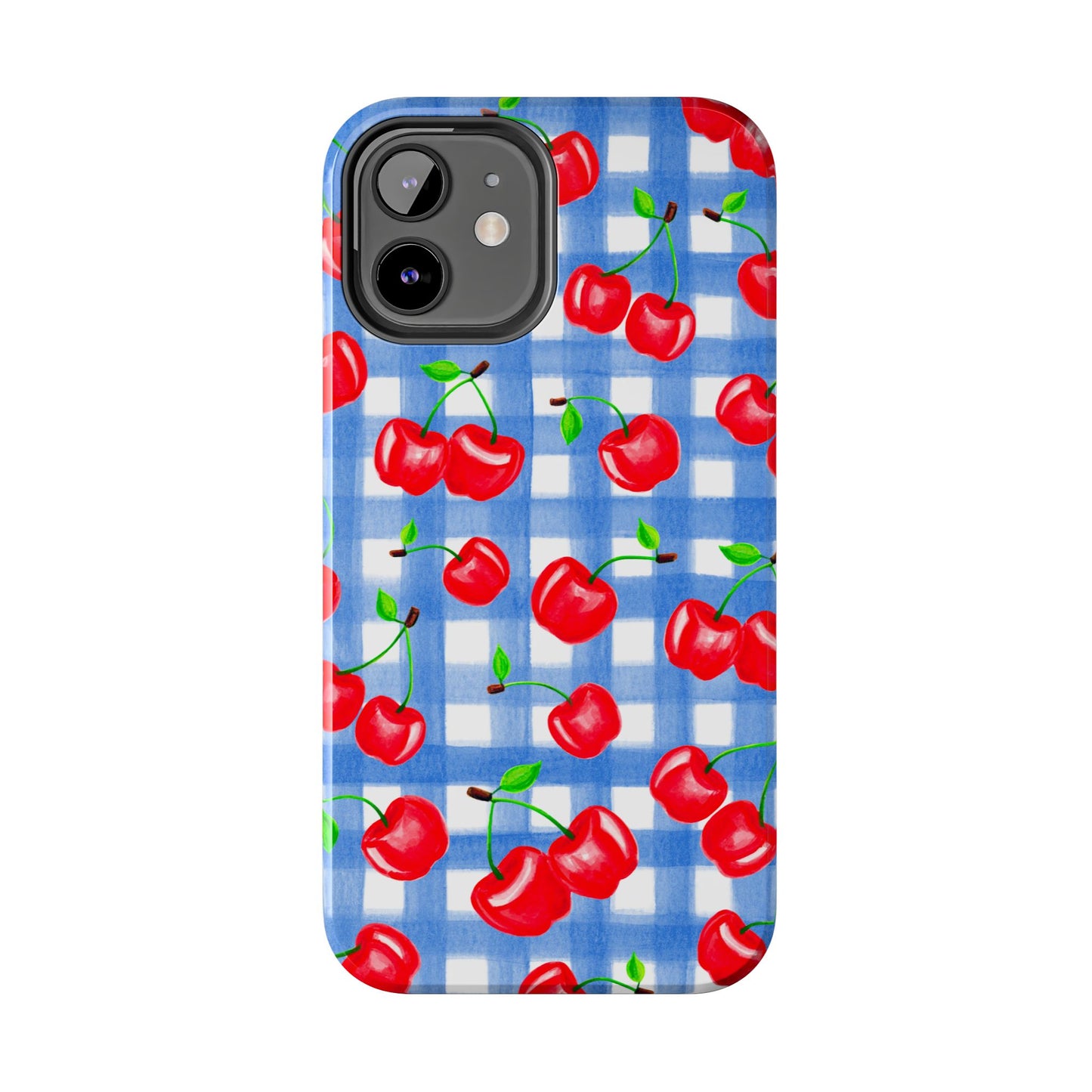 Tossed Red Watercolor Illustrated Cherries Light Blue Gingham Tough Phone Case | Various Models