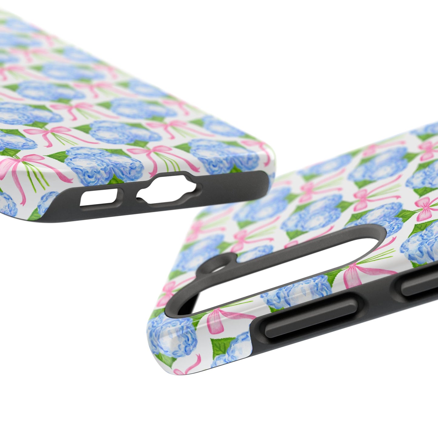Blue Watercolor Hydrangea Bouqets with Light Pink Bows Watercolor Illustrated Patterned Tough Phone Case | Various Models