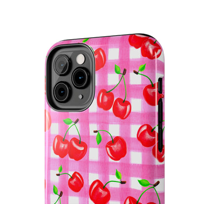 Tossed Red Watercolor Cherries Illustrated Pattern Light Pink Gingham Tough Phone Case | Various Models