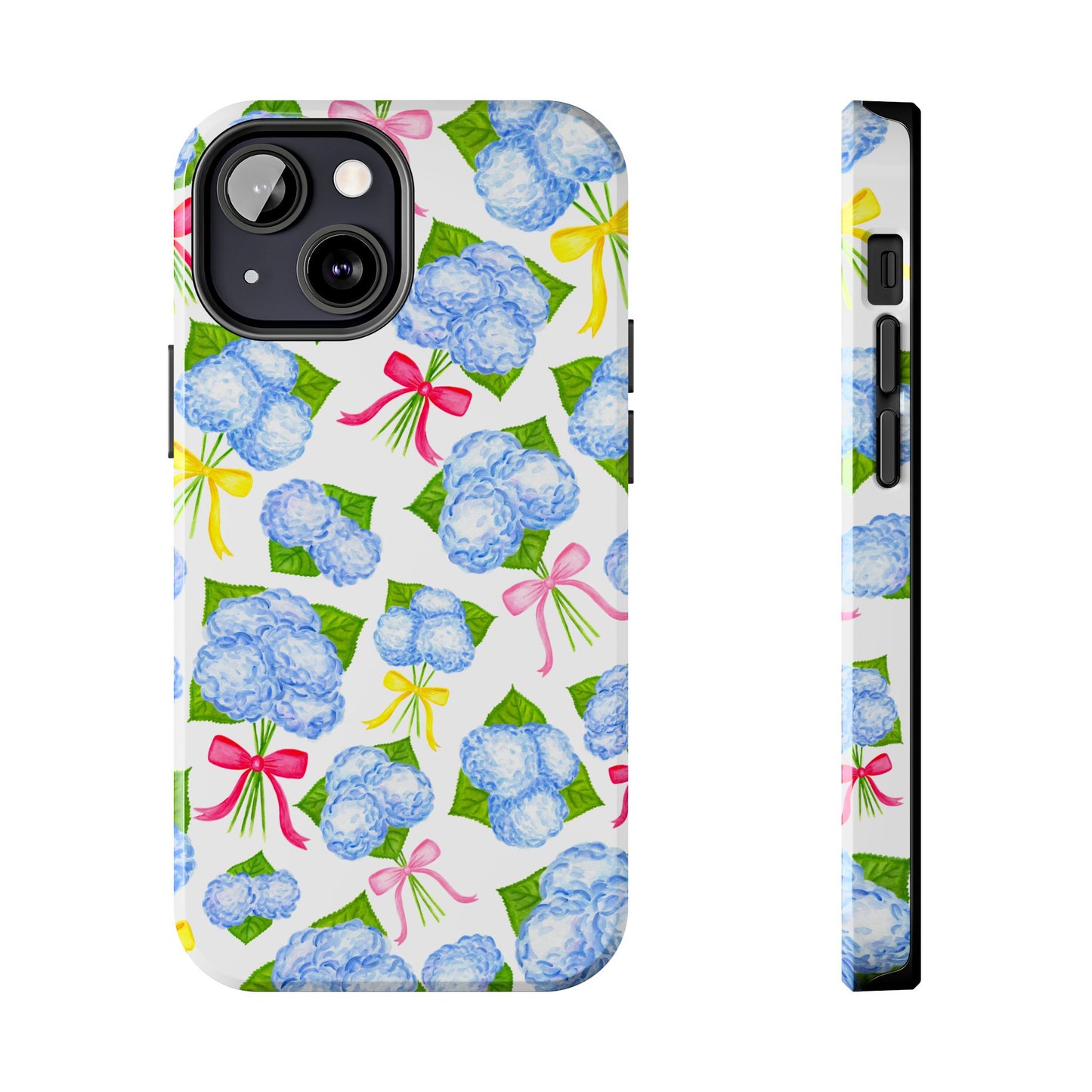 Blue Watercolor Hydrangea Bunches with Hot Pink, Yellow, Light Pink Bows Illustrated Patterned Tough Phone Case | Various Models